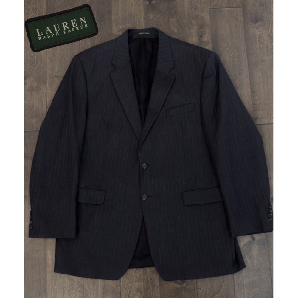 Ralph Lauren Mens Blazer Sports Jacket Coat Suit Size 46L Striped Dark Grey Wool